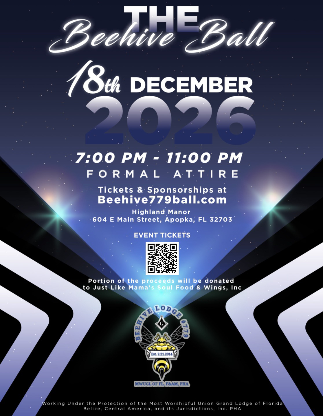 Flyer for The 2nd Annual Beehive Ball, December 18, 2026, 7:00 to 11:00 PM, formal attire, Highland Manor, 604 E Main Street, Apopka, Florida. Tickets at Beehive779ball.com