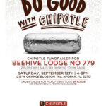 Chipotle fundraiser flyer for Beehive Lodge No 779. Saturday September 12, 2026, 4 to 8 PM, 1215 W Orange Blossom Trail, Apopka, Florida. 25% of event sales donated. Online pickup code BKYCNZB.