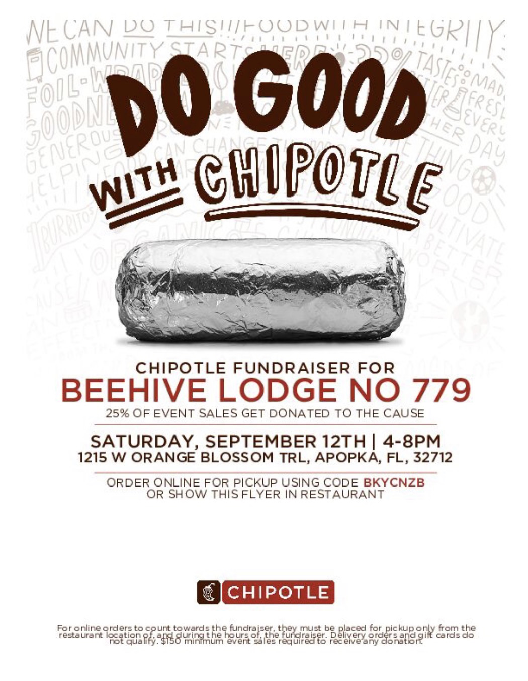 Chipotle fundraiser flyer for Beehive Lodge No 779. Saturday September 12, 2026, 4 to 8 PM, 1215 W Orange Blossom Trail, Apopka, Florida. 25% of event sales donated. Online pickup code BKYCNZB.