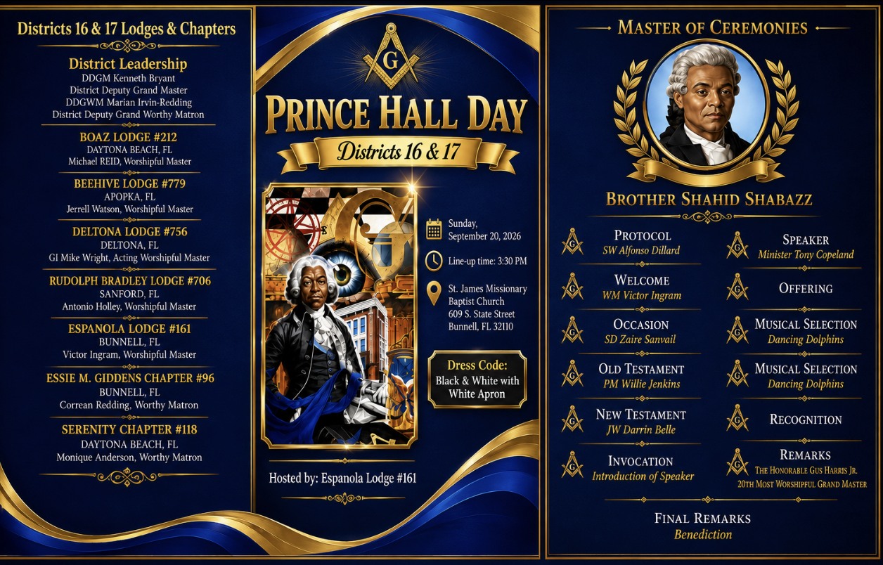 Prince Hall Day 2026 program flyer, Districts 16 and 17. Sunday September 20, 2026, line-up 3:30 PM, St. James Missionary Baptist Church, 609 S. State Street, Bunnell, Florida. Dress code black and white with white apron.